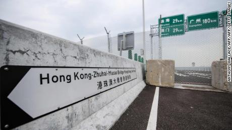 A general view shows a barrier on the Hong Kong side of the Hong Kong-Zhuhai-Macau Bridge (HKZM) on October 19, 2018, five days ahead of its opening ceremony.