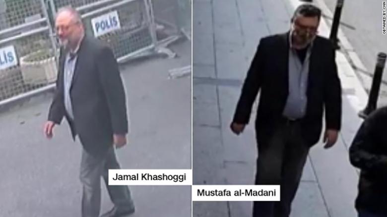 Surveillance footage shows Jamal Khashoggi (left) as he enters the Saudi consulate. A senior Turkish official told CNN the man on the right, Mustafa Al-Madani, dressed up in Khashoggi&#39;s clothes after his death. 