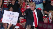 MESA, AZ - OCTOBER 19:  President Donald Trump points to a supporter during a rally at the International Air Response facility on October 19, 2018 in Mesa, Arizona.  President Trump is holding rallies in Arizona, Montana and Nevada, campaigning for Republican candidates running for the U.S. Senate. (Photo by Ralph Freso/Getty Images)