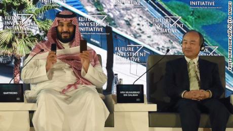 Bin Salman and SoftBank CEO Masayoshi Son at the Future Investment Initiative conference in 2017.