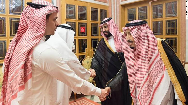 Saudi Crown Prince Mohammed bin Salman and his father King Salman shake hands with Salah bin Jamal Khashoggi, the journalist&#39;s eldest son, and another relative, in Riyadh.