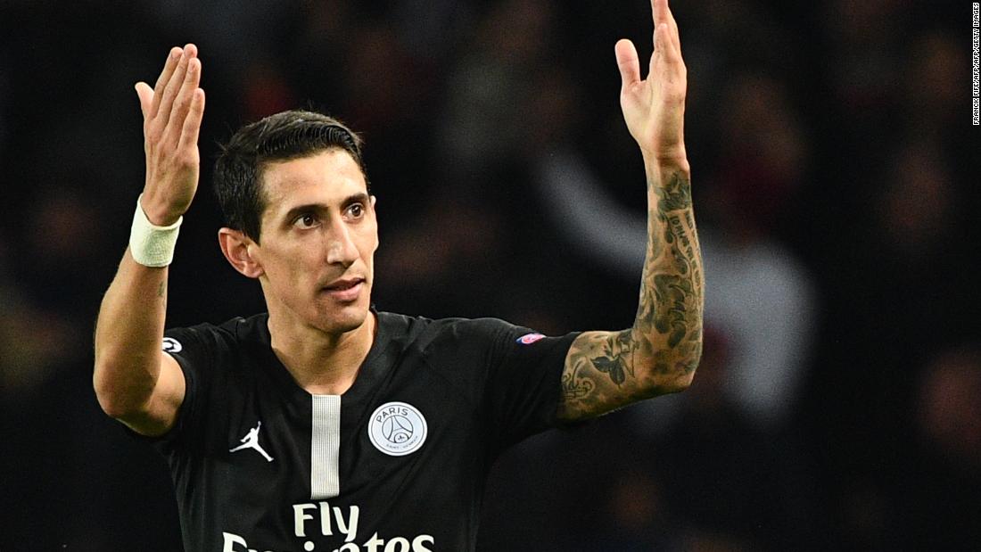 Angel Di Maria celebrates scoring a wonderful goal in the last minute of PSG&#39;s match against Napoli. The Argentine saved his side&#39;s blushes with the dramatic equalizer which tied the scores at 2-2. 