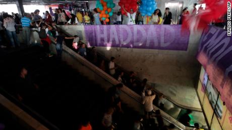 A banner promoting Workers' Party presidential candidate Fernando Haddad during a rally in Brasilia.