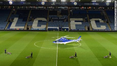 In this file photo taken on April 29, 2015, a helicopter reportedly owned by Vichai Srivaddhanaprabha, the owner of Leicester City football club lands on the pitch after a match between Leicester City and Chelsea at King Power Stadium.