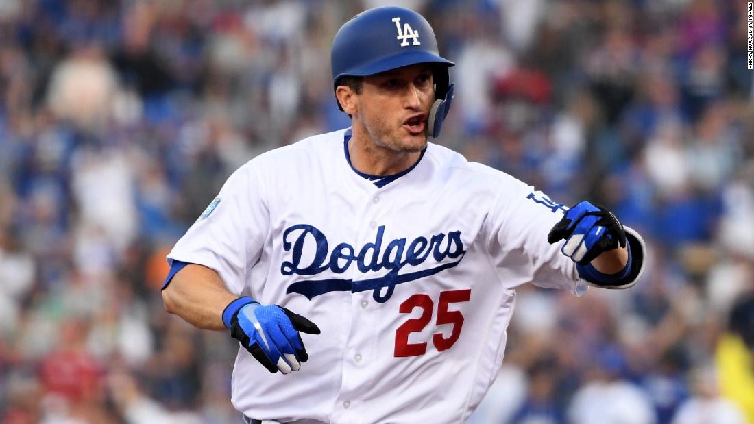 David Freese of the Dodgers celebrates his first-inning home run against the Red Sox in Game 5.&lt;br /&gt;