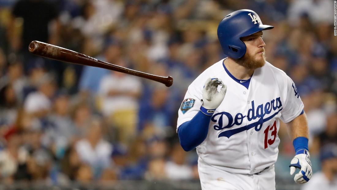 Max Muncy of the Los Angeles Dodgers reacts to his seventh-inning fly out against the Boston Red Sox in Game 5.