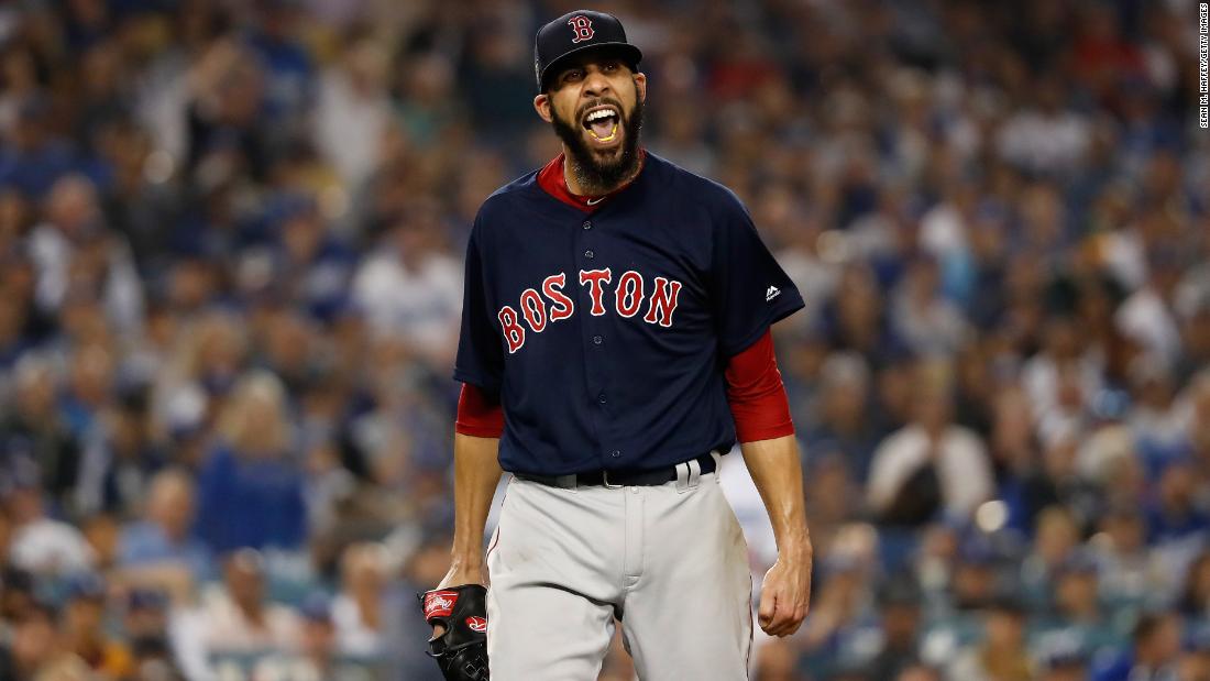 Boston Red Sox pitcher David Price reacts after retiring the side during the seventh inning against the Los Angeles Dodgers in Game 5.