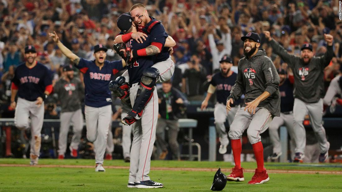 The Boston Red Sox celebrate after winning the 2018 World Series against the Los Angeles Dodgers at Dodger Stadium on Sunday, October 28, in Los Angeles, CA.
