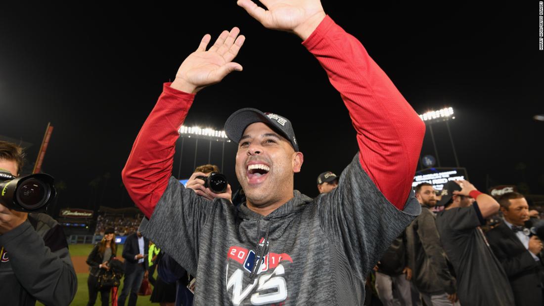 Alex Cora of the Boston Red Sox celebrates his team&#39;s World Series win over the Los Angeles Dodgers at Dodger Stadium in Los Angeles, CA.