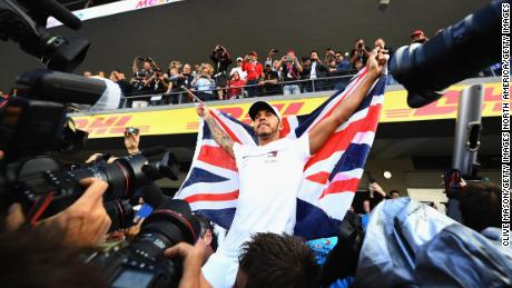 2018 F1 World Drivers Champion Lewis Hamilton celebrates with his team after the Formula One Grand Prix of Mexico at Autodromo Hermanos Rodriguez.