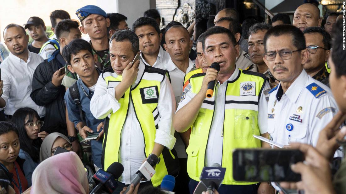 Bagus Sunjoyo, head of airport authority for Soekarno-Hatta International Airport, speaks to members of the media during a news conference.