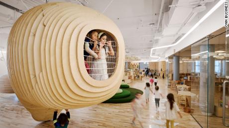 Inside WeGrow&#39;s first school are wooden dens for reading time.