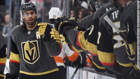 Pierre-Edouard Bellemare celebrates with teammates after scoring for Vegas Golden Knights against former team the Philadelphia Flyers.