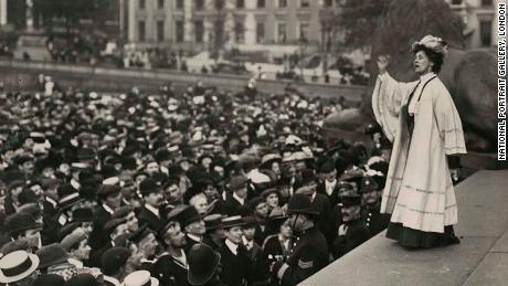 Suffragette leader Emmeline Pankhurst addresses a crowd in Trafalgar Square. A blue plaque adorns the house where she lived in the Holland Park area of London.