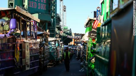 Duck boats line up on Lansdowne Street on October 31, 2018, before the Boston Red Sox World Series parade.