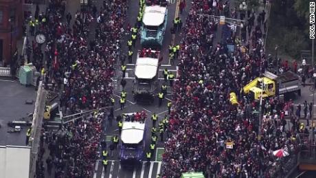 Crowds celebrate during the Red Sox championship parade.