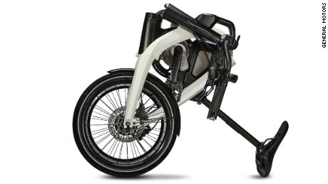 One of the new GM e-bikes is is foldable for easy storage.