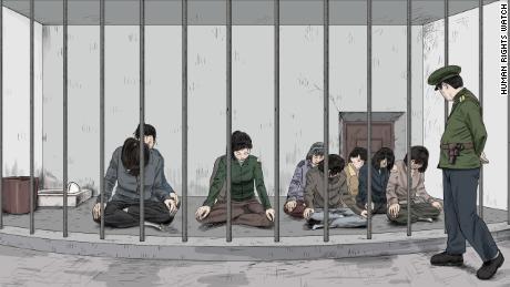 Women in the sitting position in a pre-trial detention facility run by the police. The report alleges that detainees are commonly forced to assume this position in pre-trial detention and temporary holding facilities.