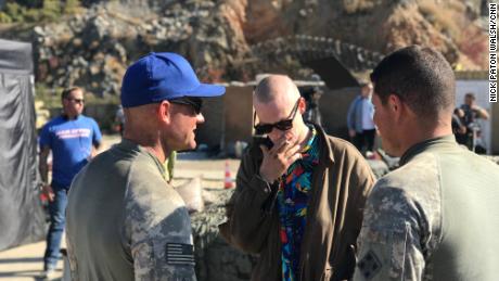 Ty Carter (left) and Caleb Landry Jones (smoking) on set in Bulgaria.