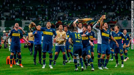 Boca Junior players celebrate after defeating Palmeiras.