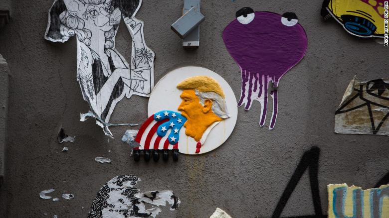 Street art of Donald Trump remains in one of the areas where protests were held during the G20 summit in Hamburg.