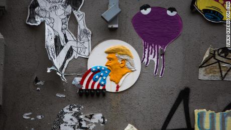 Street art of Donald Trump remains in one of the areas where protests were held during the G20 summit in Hamburg.