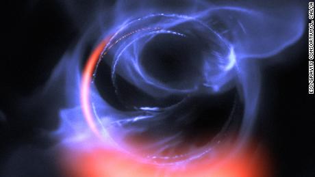 New observations show clumps of gas swirling around about 30% of the speed of light on a circular orbit just outside a four million solar mass black hole.