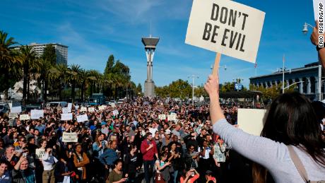 Google employees fill Harry Bridges Plaza in front of the Ferry Building in San Francisco. Protesters chanted &quot;workers rights are women&#39;s rights.&quot;