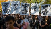 Google employees stage a walkout on November 1, 2018, in New York, over sexual harassment. - A Google Walkout For Real Change account that sprang up on Twitter on October 31 called for employees and contractors to leave their workplaces at 11:10am local time around the world on Thursday. Tension has been growing over how the US-based tech giant handles sexual harassment claims. (Photo by Bryan R. Smith / AFP)        (Photo credit should read BRYAN R. SMITH/AFP/Getty Images)