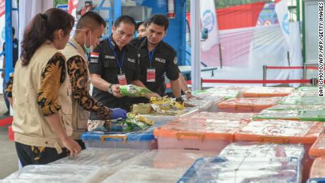 Indonesian authorities display packs of methamphetamine before destroying them in this photo taken on May 4.