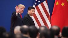 TOPSHOT - US President Donald Trump (L) and China's President Xi Jinping leave a business leaders event at the Great Hall of the People in Beijing on November 9, 2017.
Donald Trump urged Chinese leader Xi Jinping to work "hard" and act fast to help resolve the North Korean nuclear crisis, during their meeting in Beijing on November 9, warning that "time is quickly running out". / AFP PHOTO / Nicolas ASFOURI        (Photo credit should read NICOLAS ASFOURI/AFP/Getty Images)