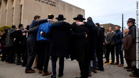 Members of the Jewish faith gather outside the Tree of Life synagogue Friday evening for Shabbat services.