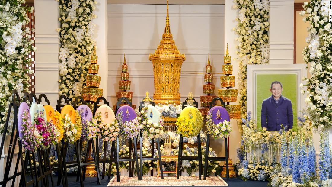 A picture of Vichai Srivaddhanaprabha, late owner of Leicester City Football Club, is placed next to his urn before his funeral on November 3, 2018, at Wat Thepsirin Buddhist temple in Bangkok, Thailand.