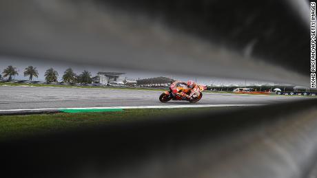 Marquez negotiates a corner during the second practice session of the Malaysia MotoGP in November 2018.