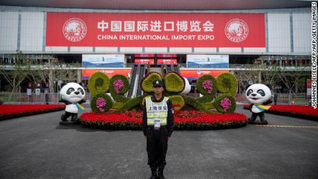 A security guard stands at the entrance to the first China International Import Expo (CIIE) in Shanghai on November 5.