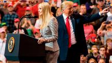 US President Donald Trump gestures as his daughter Ivanka Trump speaks at a Make America Great Again rally in Cleveland, Ohio on November 5, 2018. (Photo by Jim WATSON / AFP)        (Photo credit should read JIM WATSON/AFP/Getty Images)