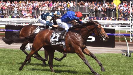 Cross Counter (R) wins the Melbourne Cup ahead of fellow British horse Marmelo. 