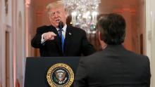 President Donald Trump points at CNN&#39;s Jim Acosta and accuses him of &quot;fake news&quot; while taking questions during a news conference following Tuesday&#39;s midterm congressional elections at the White House in Washington, D.C. Wednesday, November 7, 2018. 