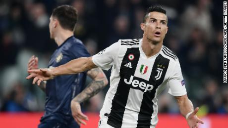 Juventus forward Cristiano Ronaldo reacts after opening the scoring against Manchester United.