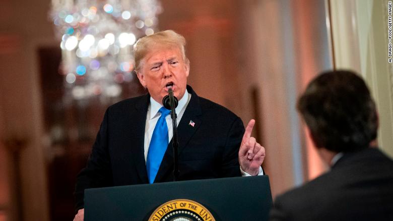 WASHINGTON, DC - NOVEMBER 07: (AFP OUT) U.S. President Donald Trump gets into an exchange with CNN reporter Jim Acosta during a news conference a day after the midterm elections on November 7, 2018 in the East Room of the White House in Washington, DC. Republicans kept the Senate majority but lost control of the House to the Democrats. (Photo by Al Drago - Pool/Getty Images)