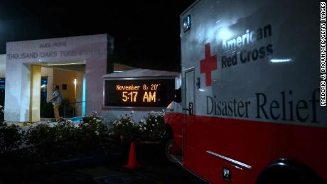 An American Red Cross Disaster Relief vehicle is seen outside the Thousands Oaks Teen Center on Thursday morning.