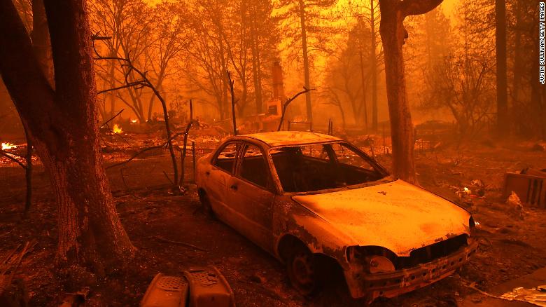 The Camp Fire moves through the town of Paradise on November 8, 2018.