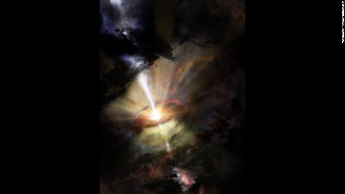 An artist&#39;s impression of galaxy Abell 2597, showing the supermassive black hole expelling cold molecular gas like the pump of a giant intergalactic fountain.