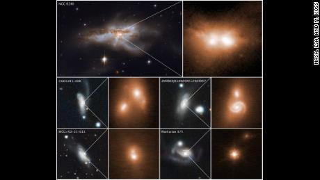 These images reveal the final stage of a union between pairs of galactic nuclei in the messy cores of colliding galaxies. 