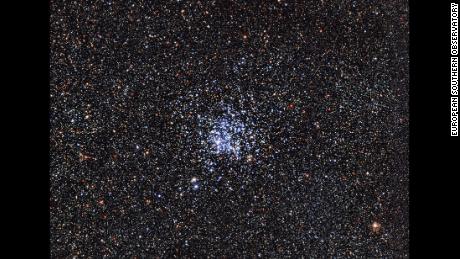 The Wild Duck Cluster, with blue stars at the center -- each roughly 250 million years old. Older, redder stars surround the cluster. 