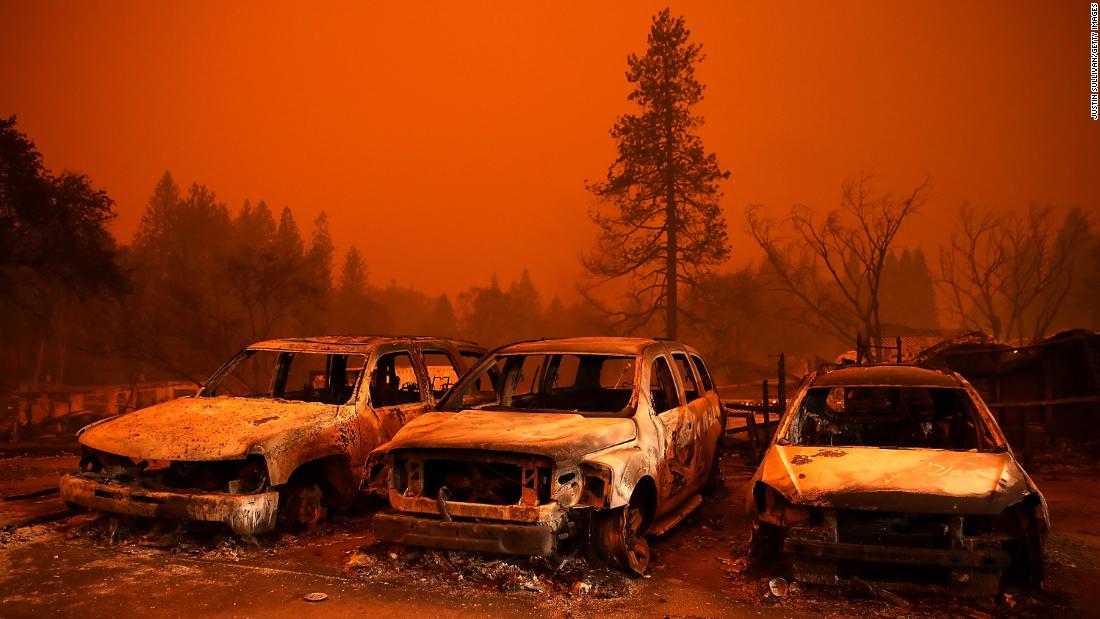 Cars destroyed by the Camp Fire sit in a used-car lot in Paradise on November 9.