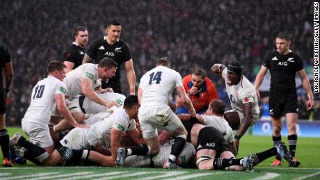 England push over Dylan Hartley to score against New Zealand.