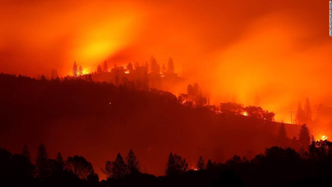 The Camp Fire burns November 10 in the hills near Big Bend.