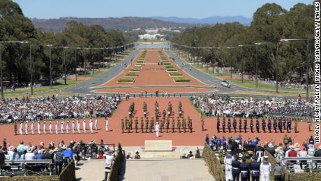 The view to Parliament House along ANZAC Parade during the Remembrance Day Service at the Australian War Memorial.