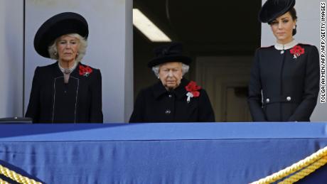 Camilla, Duchess of Cornwall, Queen Elizabeth II and Catherine, Duchess of Cambridge, attend the Remembrance Sunday ceremony at the Cenotaph in central London.